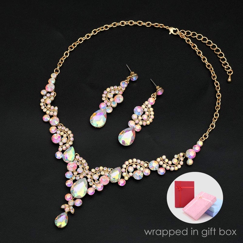 CSY Elegant Iridescent Crystal Necklace Earrings Bracelet Ring Bridal Wedding Costume Jewelry Sets for Brides Women Gifts (Iridescent AB Crystal - Gold tone) - Image 3